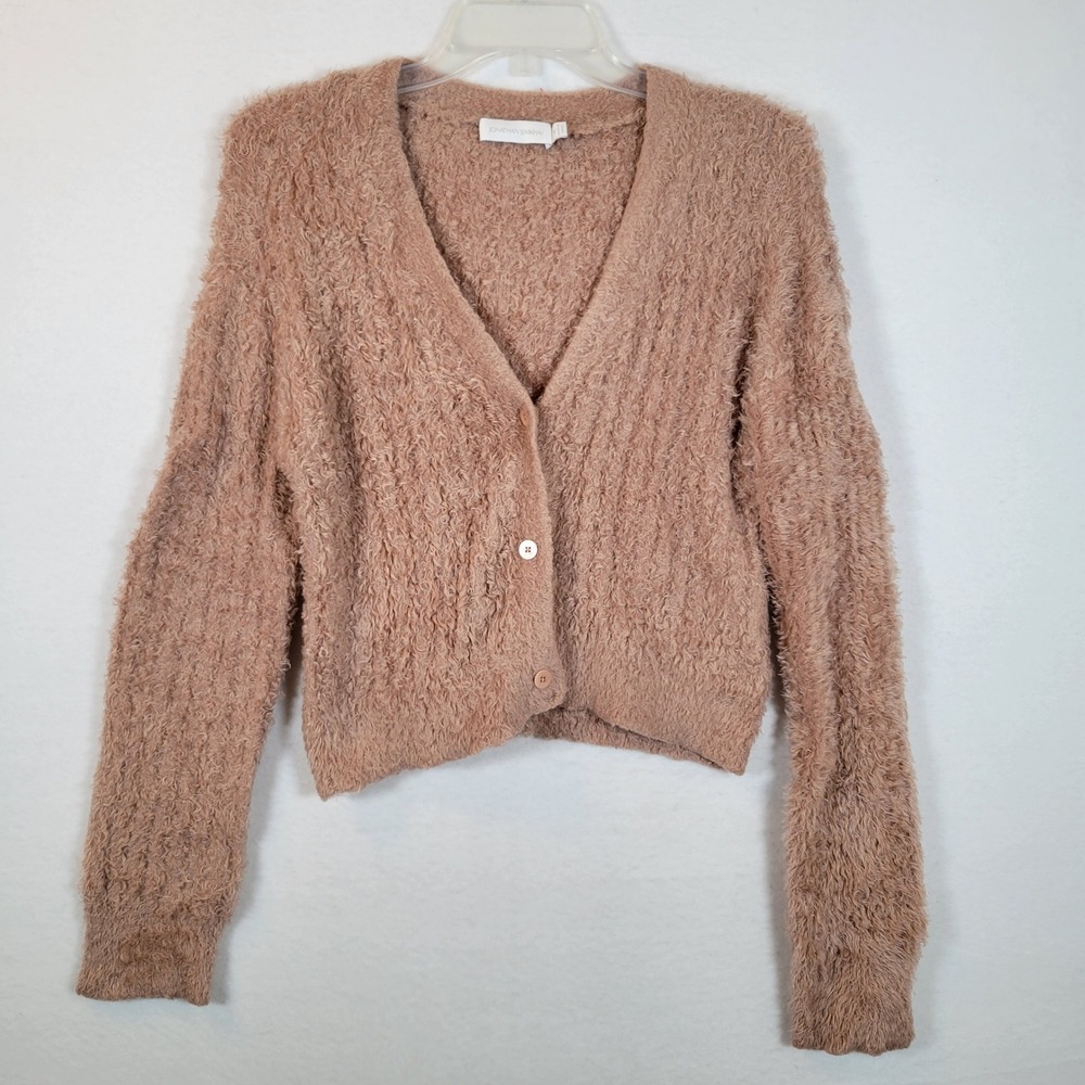 Jonathan Simkhai Women Fuzzy Eyelash Knit Crop Cardigan Sweater Size Medium Pink
